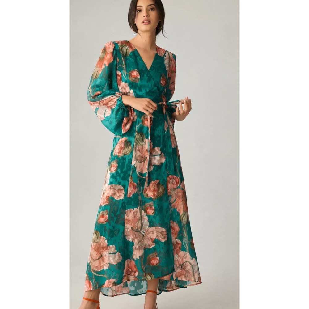 Hutch Floral Wrap Maxi Dress Teal Blue Pink Puff Sleeve NWT Size Small